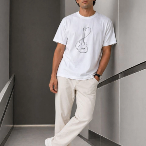 Erkek Minimal Gitar Baskılı Tişört T-Shirt Yazlık Kısa Kol Bisiklet Yaka T-Shirt – Beyaz