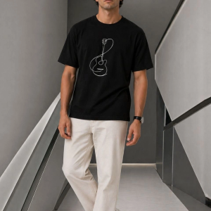 Erkek Minimal Gitar Baskılı Tişört T-Shirt Yazlık Kısa Kol Bisiklet Yaka T-Shirt – Siyah
