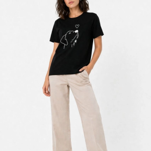 Kadın Köpek Figürlü Minimal Baskılı Tişört Kısa Kol Yazlık T-Shirt – Siyah