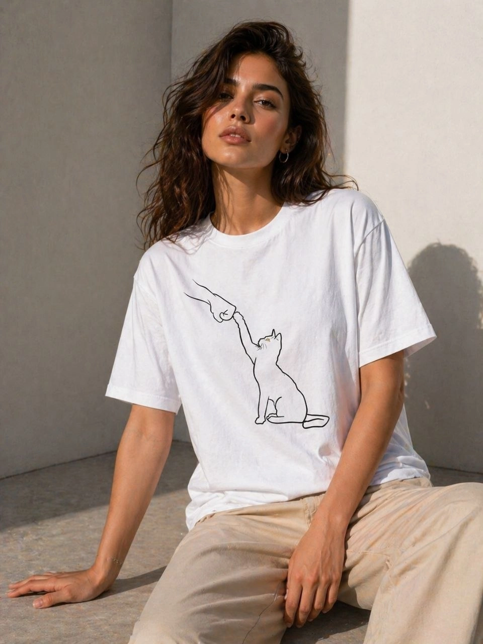 Kadın Minimal Kedi Çizim Baskılı Tişört Kısa Kol Yazlık T-Shirt – Beyaz