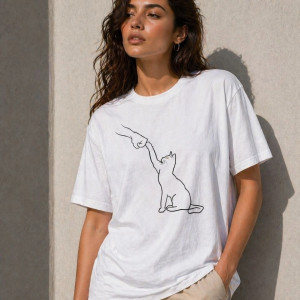 Kadın Minimal Kedi Çizim Baskılı Tişört Kısa Kol Yazlık T-Shirt – Beyaz