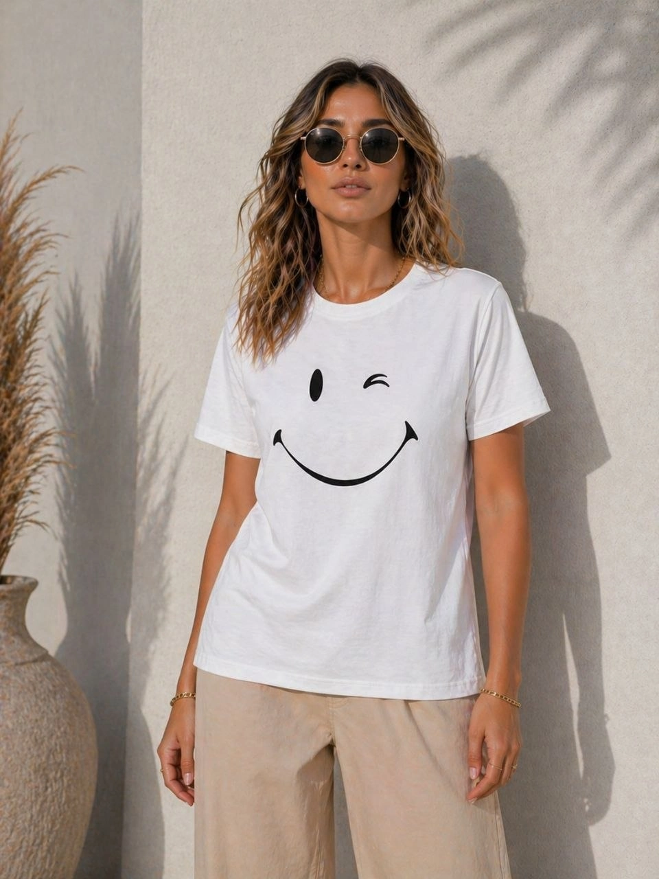 Kadın Minimal Gülümseyen Yüz Baskılı Tişört Kısa Kol Yazlık T-Shirt – Beyaz