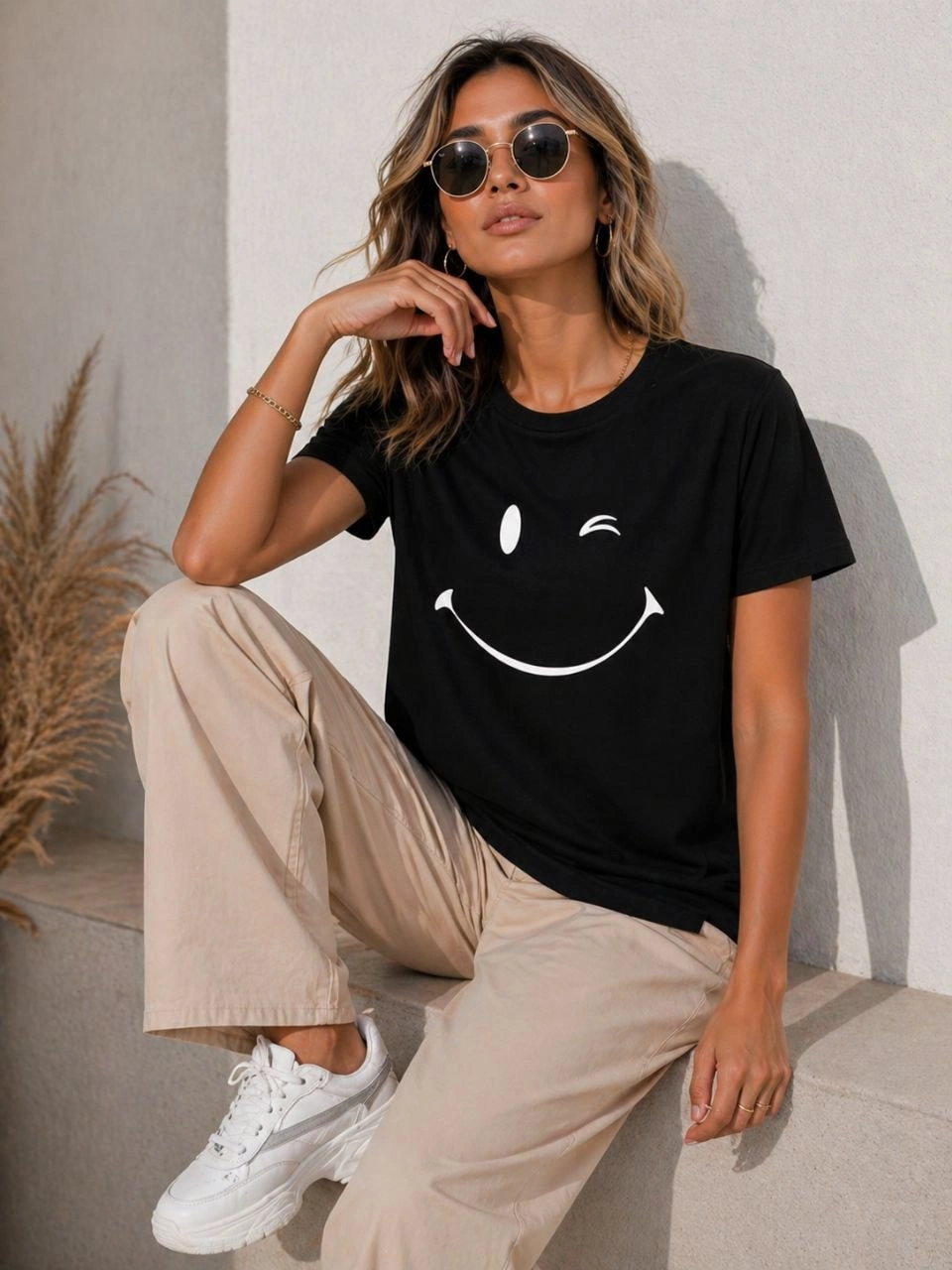 Kadın Minimal Gülümseyen Yüz Baskılı Tişört Kısa Kol Yazlık T-Shirt – Siyah