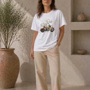 Kadın Motosiklet Baskılı Tişört Bisiklet Yaka Kısa Kol Yazlık T-Shirt – Beyaz