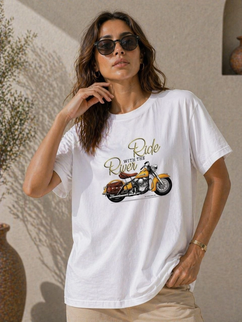 Kadın Motosiklet Baskılı Tişört Bisiklet Yaka Kısa Kol Yazlık T-Shirt – Beyaz