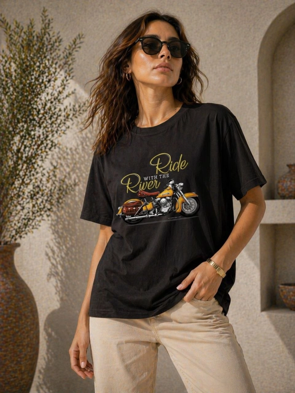 Kadın Motosiklet Baskılı Tişört Bisiklet Yaka Kısa Kol Yazlık T-Shirt – Siyah