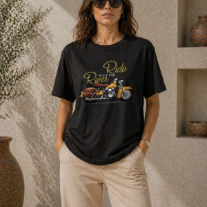 Kadın Motosiklet Baskılı Tişört Bisiklet Yaka Kısa Kol Yazlık T-Shirt – Siyah