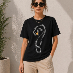 Kadın Kuğu Figürlü Soru İşareti Baskılı Tişört Kısa Kol T-Shirt – Siyah
