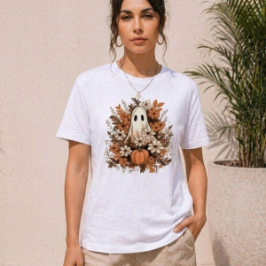 Kadın Balkabağı Hayalet Baskılı Tişört Kısa Kol Yazlık T-Shirt – Beyaz