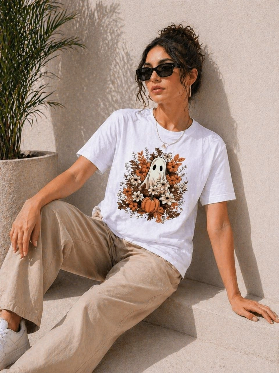 Kadın Balkabağı Hayalet Baskılı Tişört Kısa Kol Yazlık T-Shirt – Beyaz