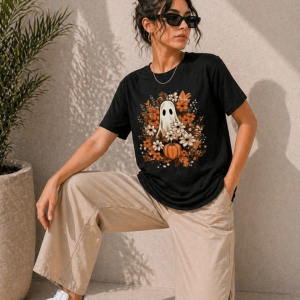 Kadın Balkabağı Hayalet Baskılı Tişört Kısa Kol Yazlık T-Shirt – Siyah