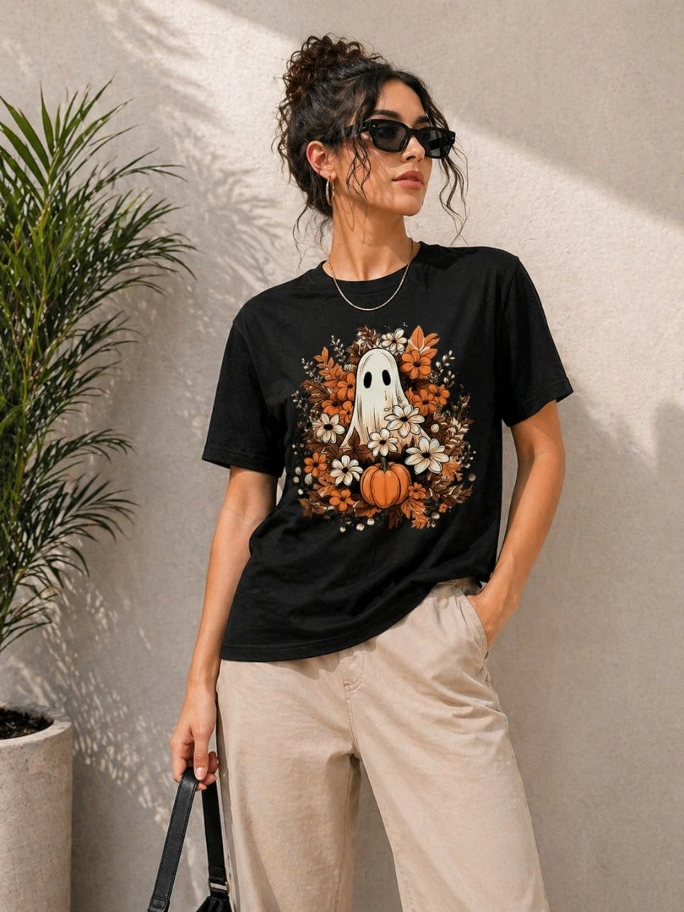 Kadın Balkabağı Hayalet Baskılı Tişört Kısa Kol Yazlık T-Shirt – Siyah