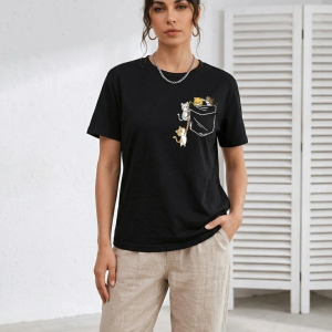Kadın Sevimli Kedi Cep Baskılı Tişört Kısa Kol Yazlık T-Shirt – Siyah