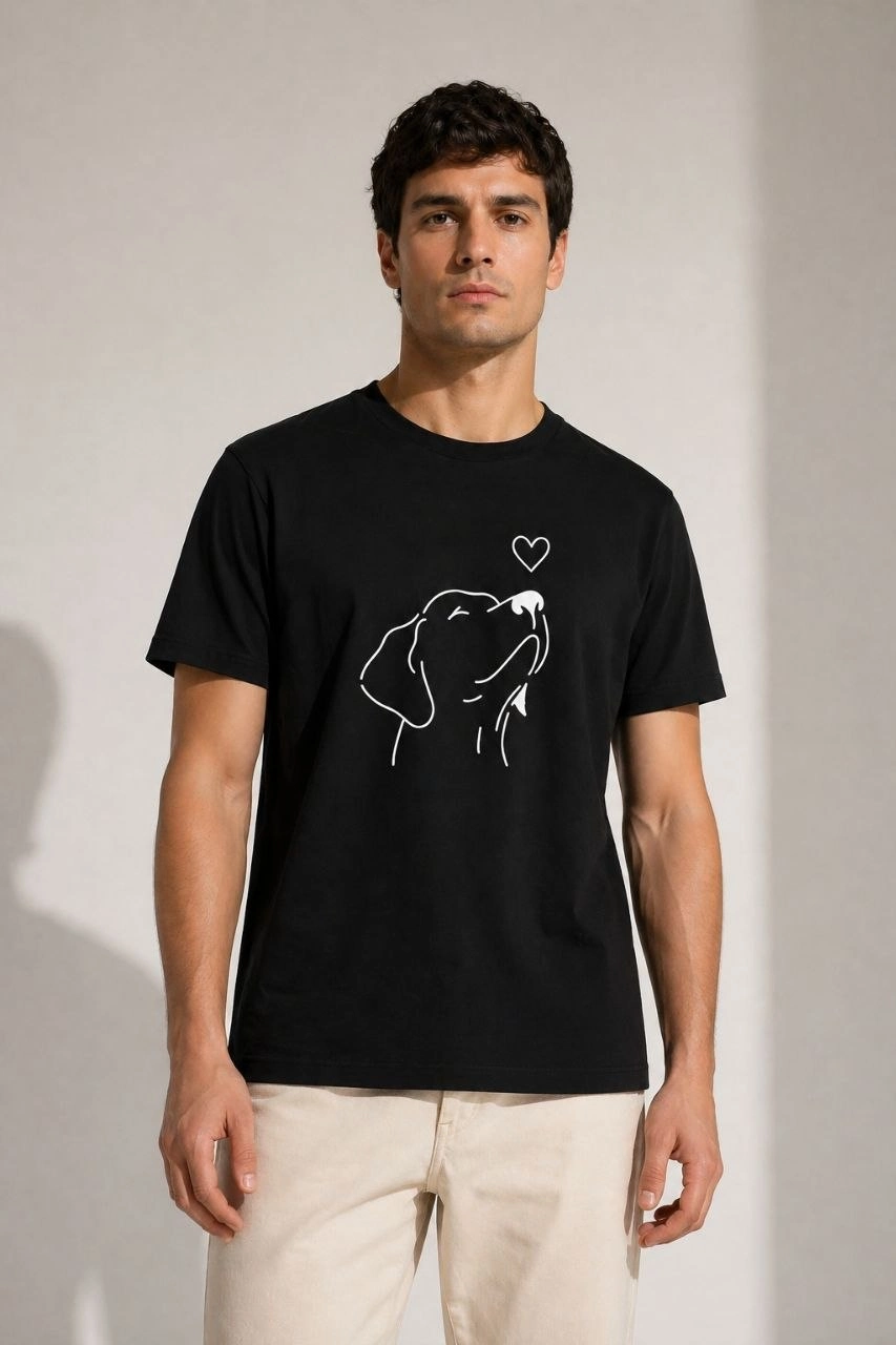 Erkek Köpek Figürlü Minimal Baskılı Tişört Kısa Kol Yazlık T-Shirt – Siyah