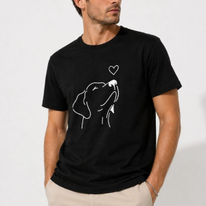 Erkek Köpek Figürlü Minimal Baskılı Tişört Kısa Kol Yazlık T-Shirt – Siyah