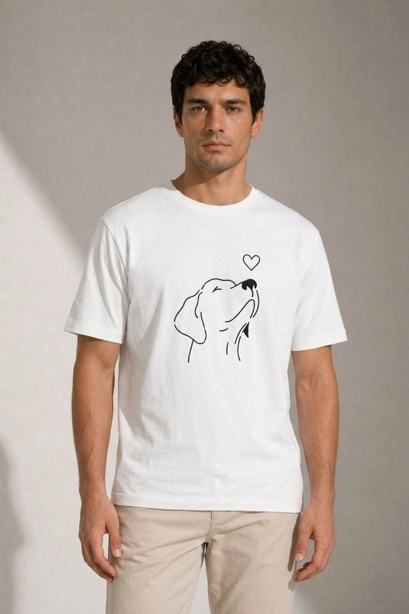 Erkek Köpek Figürlü Minimal Baskılı Tişört Kısa Kol Yazlık T-Shirt – Beyaz