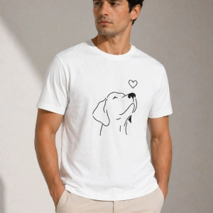Erkek Köpek Figürlü Minimal Baskılı Tişört Kısa Kol Yazlık T-Shirt – Beyaz