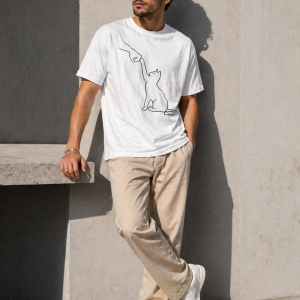 Erkek Minimal Kedi Çizim Baskılı Tişört Kısa Kol Yazlık T-Shirt – Beyaz