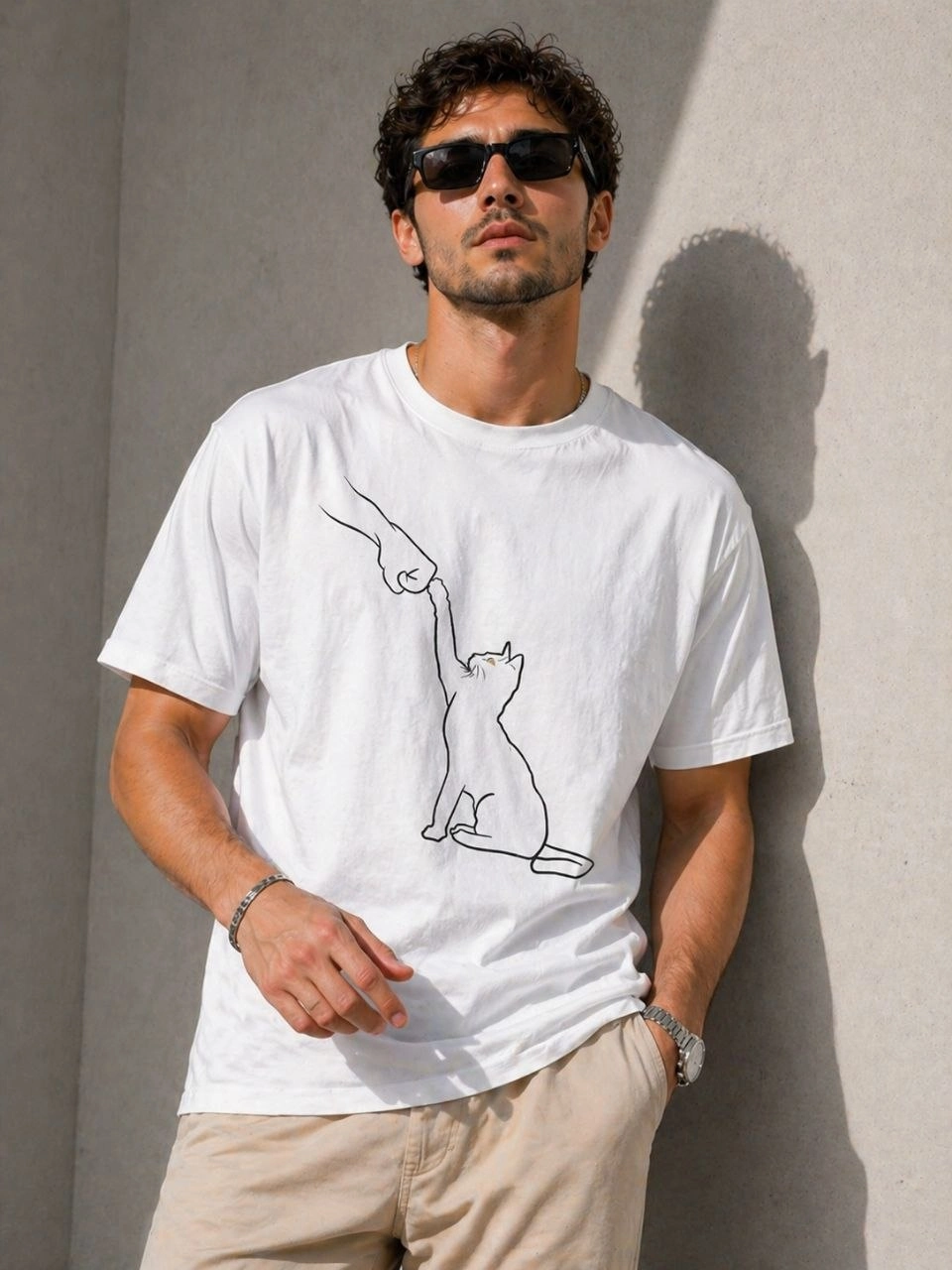 Erkek Minimal Kedi Çizim Baskılı Tişört Kısa Kol Yazlık T-Shirt – Beyaz