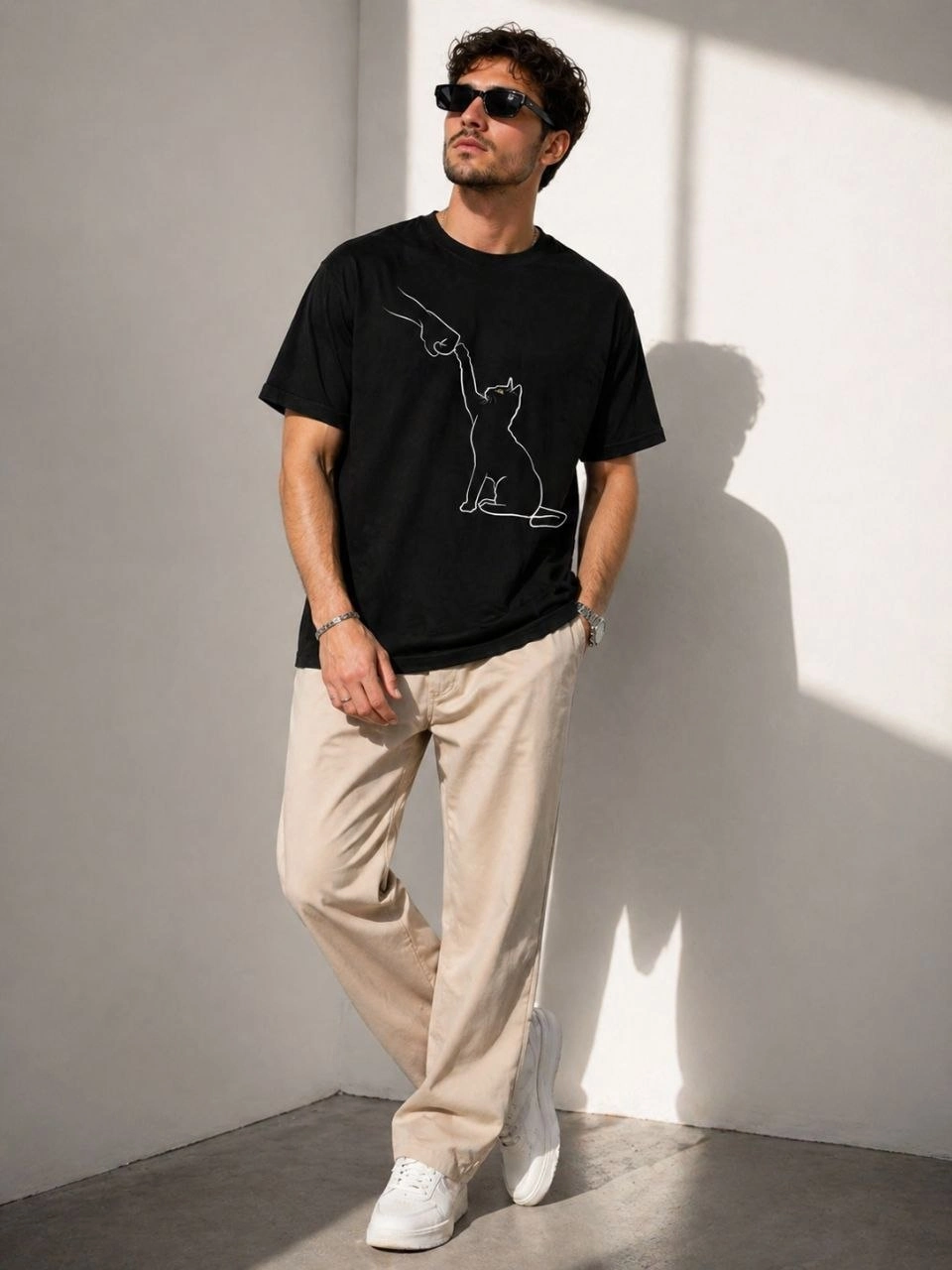 Erkek Minimal Kedi Çizim Baskılı Tişört Kısa Kol Yazlık T-Shirt – Siyah