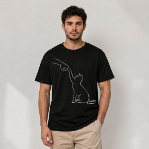 Erkek Minimal Kedi Çizim Baskılı Tişört Kısa Kol Yazlık T-Shirt – Siyah