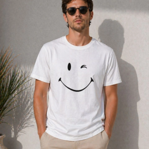 Erkek Minimal Gülümseyen Yüz Baskılı Tişört Kısa Kol Yazlık T-Shirt – Beyaz
