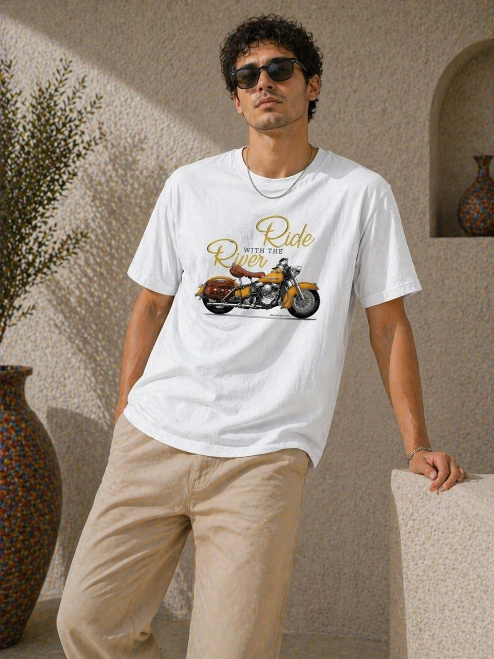 Erkek Motosiklet Baskılı Tişört Bisiklet Yaka Kısa Kol Yazlık T-Shirt – Beyaz