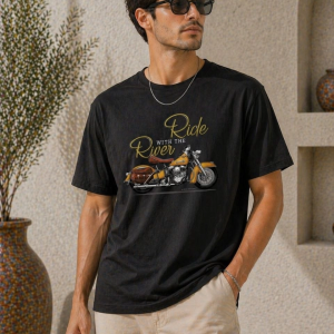 Erkek Motosiklet Baskılı Tişört Bisiklet Yaka Kısa Kol Yazlık T-Shirt – Siyah