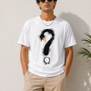 Erkek Kuğu Figürlü Soru İşareti Baskılı Tişört Kısa Kol T-Shirt – Beyaz
