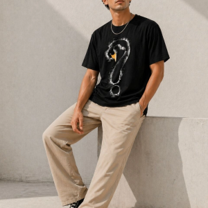 Erkek Kuğu Figürlü Soru İşareti Baskılı Tişört Kısa Kol T-Shirt – Siyah