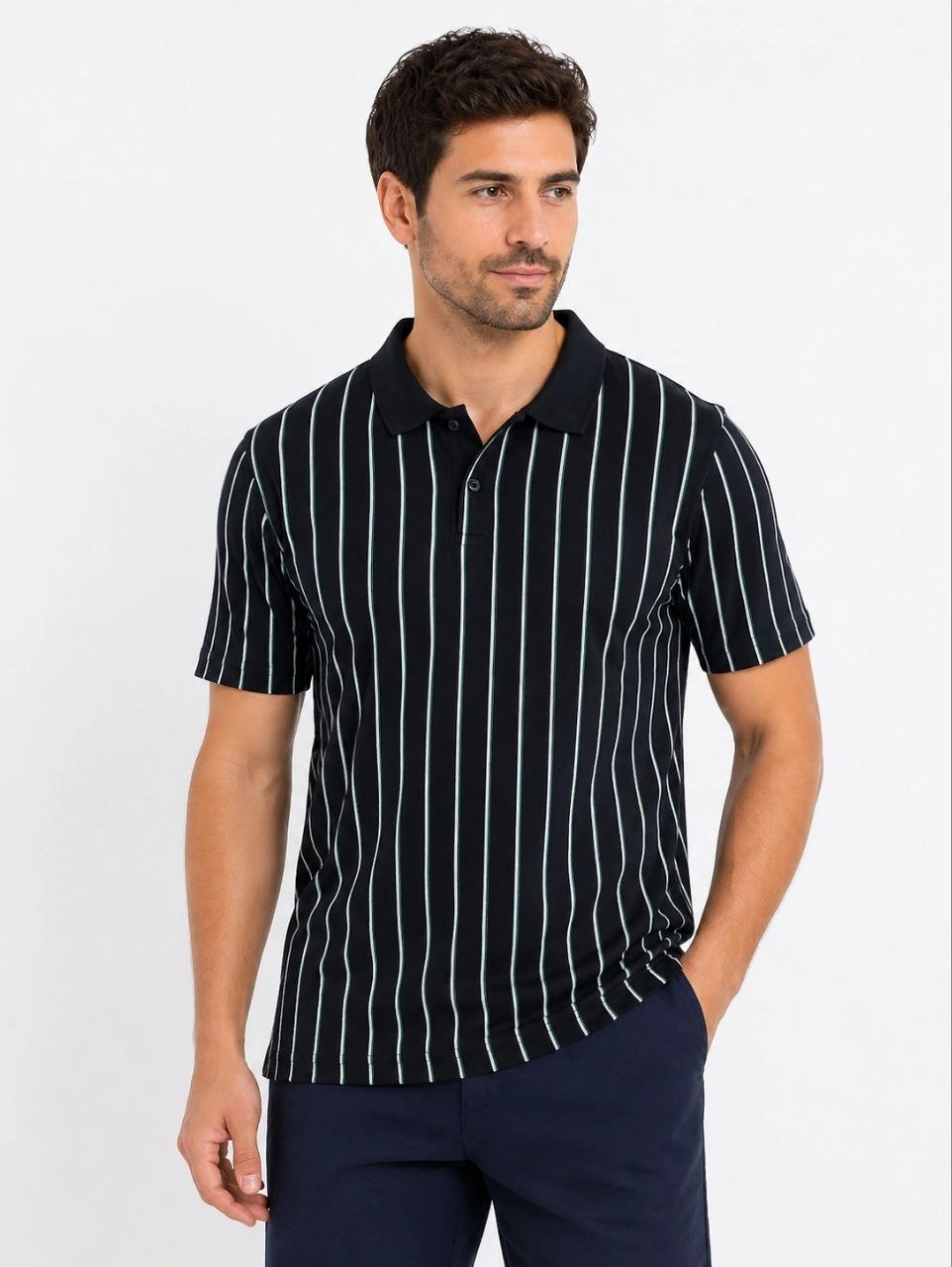 Erkek Pike Kumaş Çizgili Polo Yaka Tişört Kısa Kol Yazlık T-Shirt – Siyah