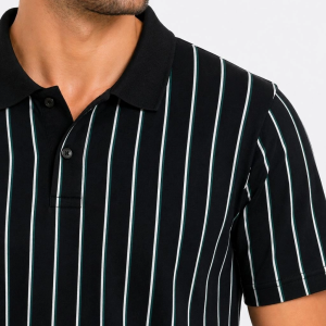 Erkek Pike Kumaş Çizgili Polo Yaka Tişört Kısa Kol Yazlık T-Shirt – Siyah