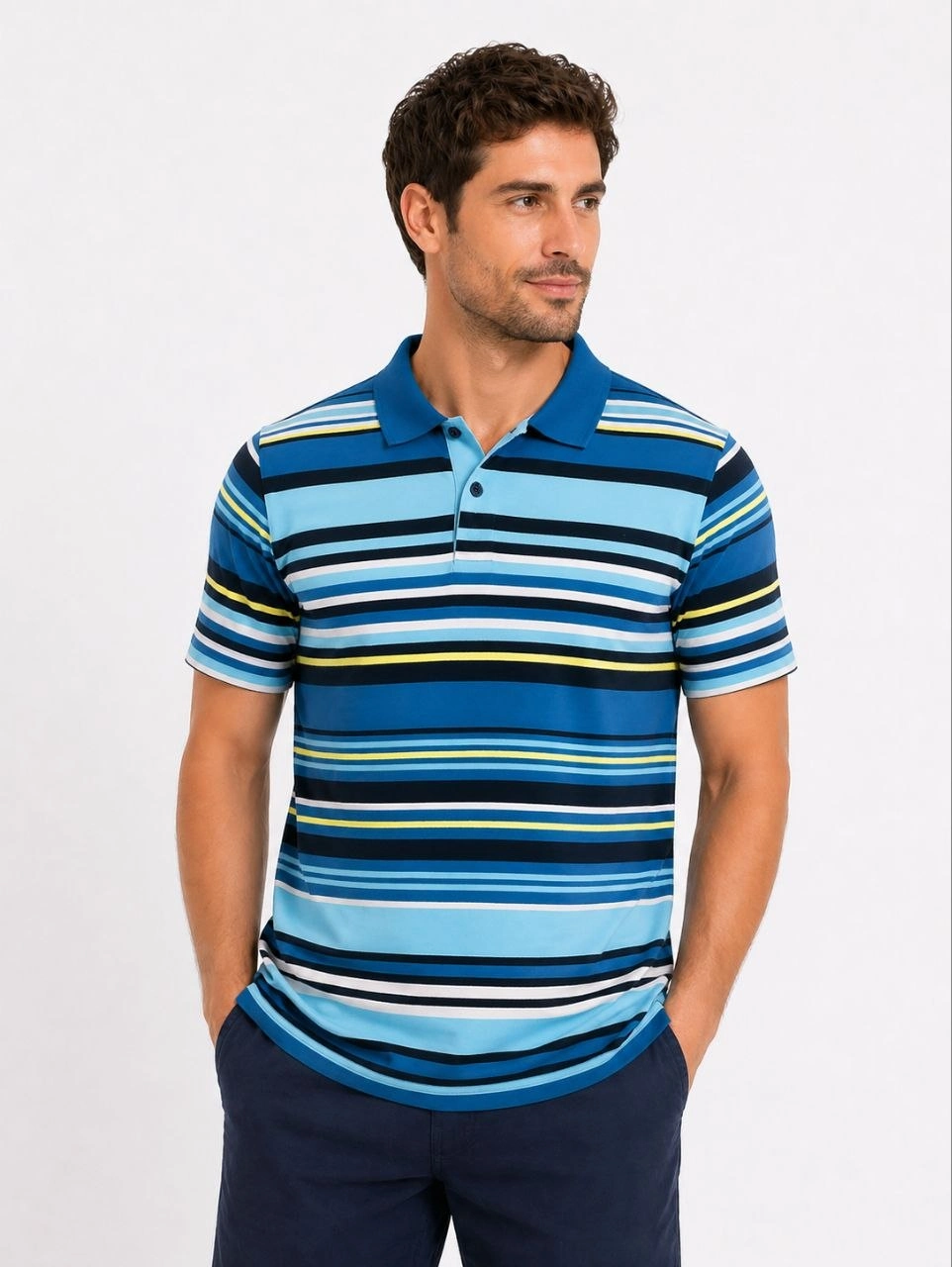 Erkek Çizgili Polo Yaka Tişört Kısa Kol Yazlık T-Shirt Regular Fit – Mavi