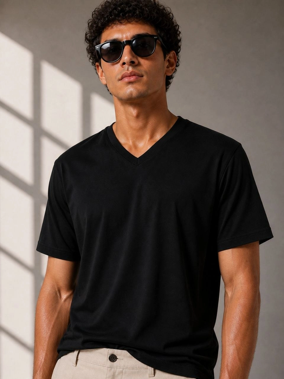 Erkek V Yaka Basic Tişört Kısa Kol Yazlık Regular Fit T-Shirt – Siyah