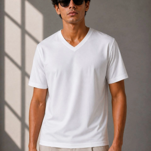 Erkek V Yaka Basic Tişört Kısa Kol Yazlık Regular Fit T-Shirt – Beyaz