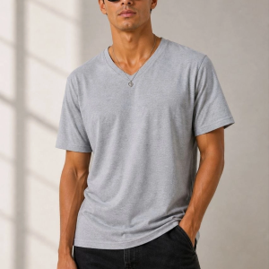 Erkek V Yaka Basic Tişört Kısa Kol Yazlık Regular Fit T-Shirt – Gri