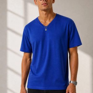 Erkek V Yaka Basic Tişört Kısa Kol Yazlık Regular Fit T-Shirt – Saks Mavisi