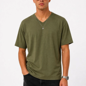 Erkek V Yaka Basic Tişört Kısa Kol Yazlık Regular Fit T-Shirt – Haki