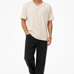 Erkek V Yaka Basic Tişört Kısa Kol Yazlık Regular Fit T-Shirt – Bej