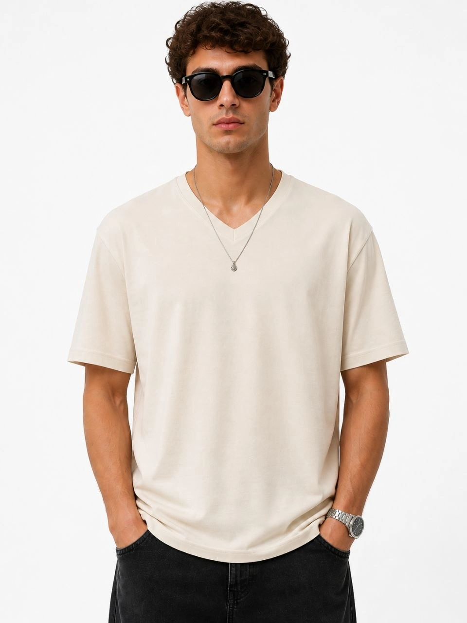Erkek V Yaka Basic Tişört Kısa Kol Yazlık Regular Fit T-Shirt – Bej