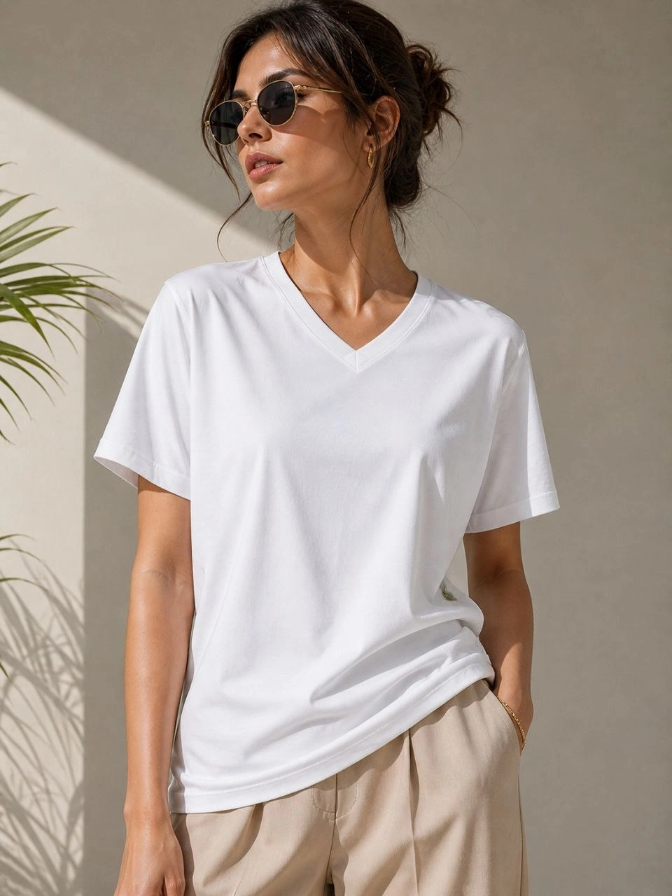 Kadın V Yaka Basic Tişört Kısa Kol Yazlık Regular Fit T-Shirt – Beyaz