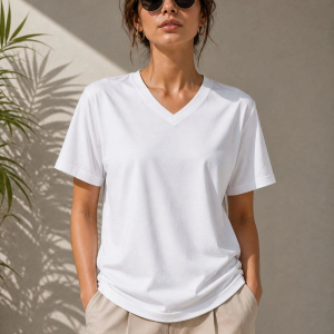 Kadın V Yaka Basic Tişört Kısa Kol Yazlık Regular Fit T-Shirt – Beyaz