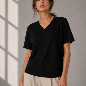 Kadın V Yaka Basic Tişört Kısa Kol Yazlık Regular Fit T-Shirt – Siyah