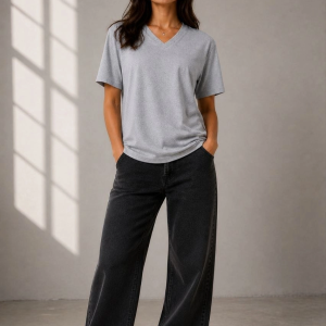 Kadın V Yaka Basic Tişört Kısa Kol Yazlık Regular Fit T-Shirt – Gri