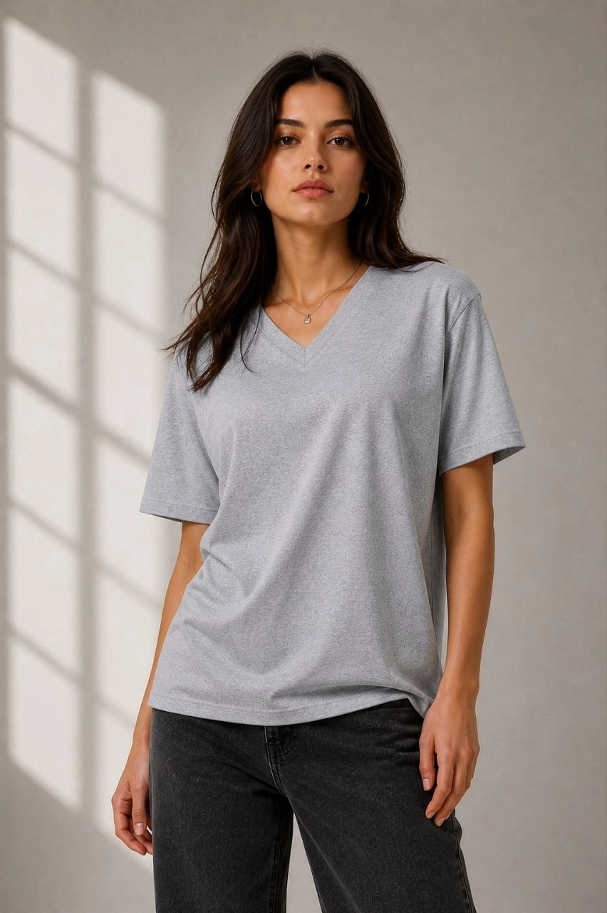 Kadın V Yaka Basic Tişört Kısa Kol Yazlık Regular Fit T-Shirt – Gri