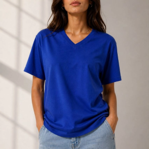 Kadın V Yaka Basic Tişört Kısa Kol Yazlık Regular Fit T-Shirt – Saks Mavisi