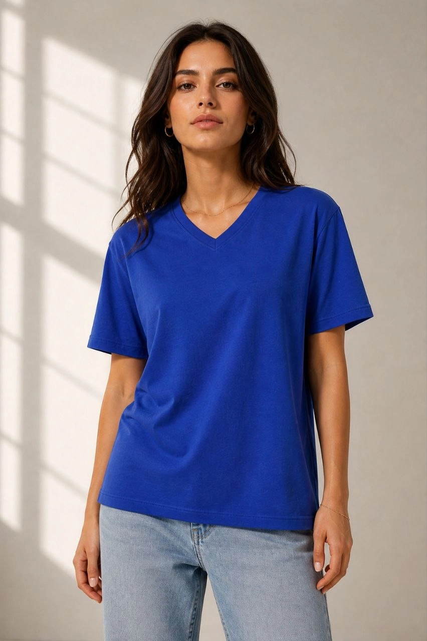 Kadın V Yaka Basic Tişört Kısa Kol Yazlık Regular Fit T-Shirt – Saks Mavisi