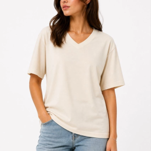 Kadın V Yaka Basic Tişört Kısa Kol Yazlık Regular Fit T-Shirt – Bej