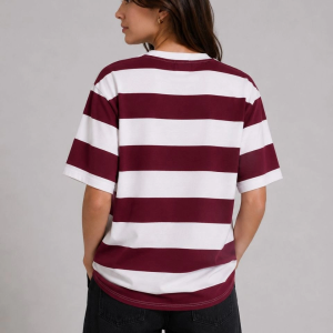 Kadın Çizgili Oversize Tişört Bisiklet Yaka Kısa Kol Yazlık T-Shirt – Bordo