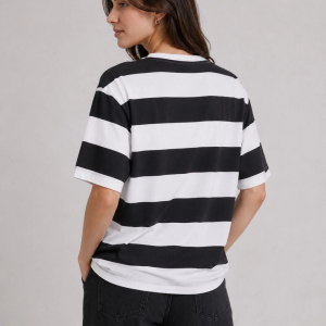 Kadın Çizgili Oversize Tişört Bisiklet Yaka Kısa Kol Yazlık T-Shirt – Siyah